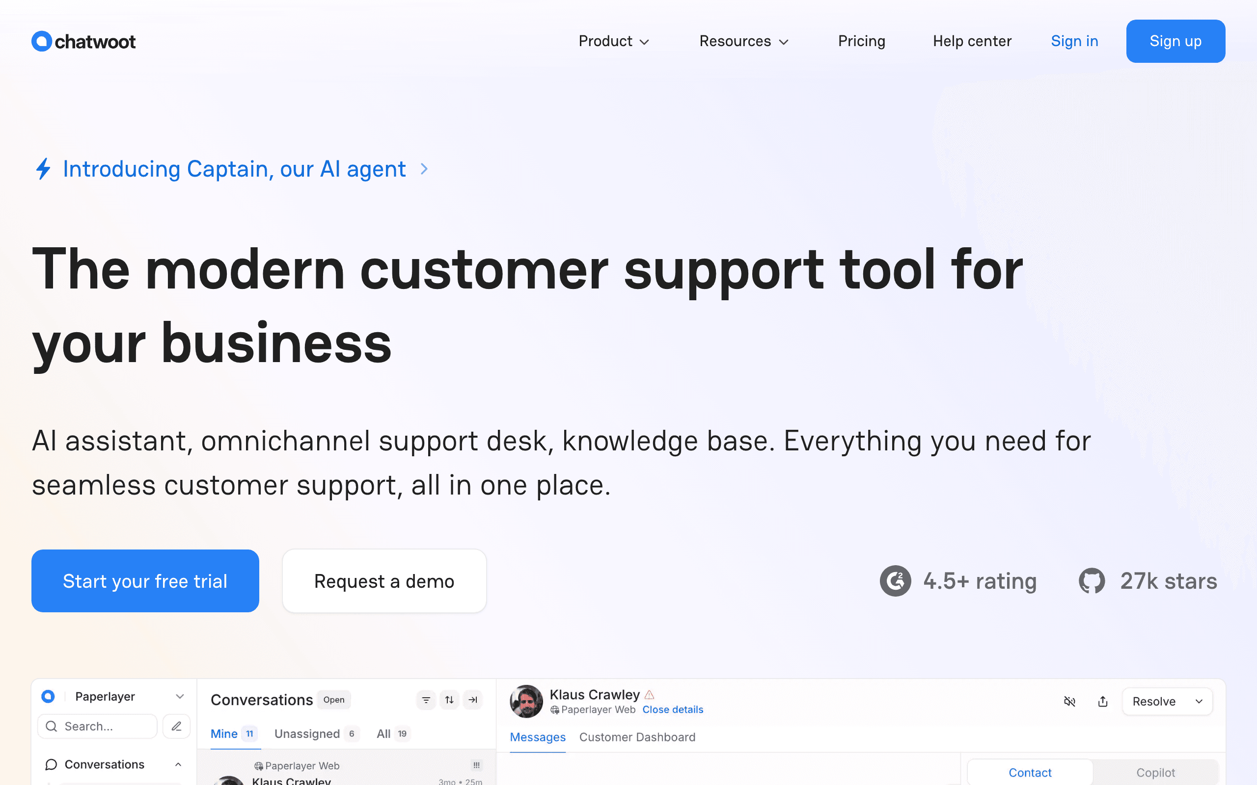 Chatwoot landing page screenshot