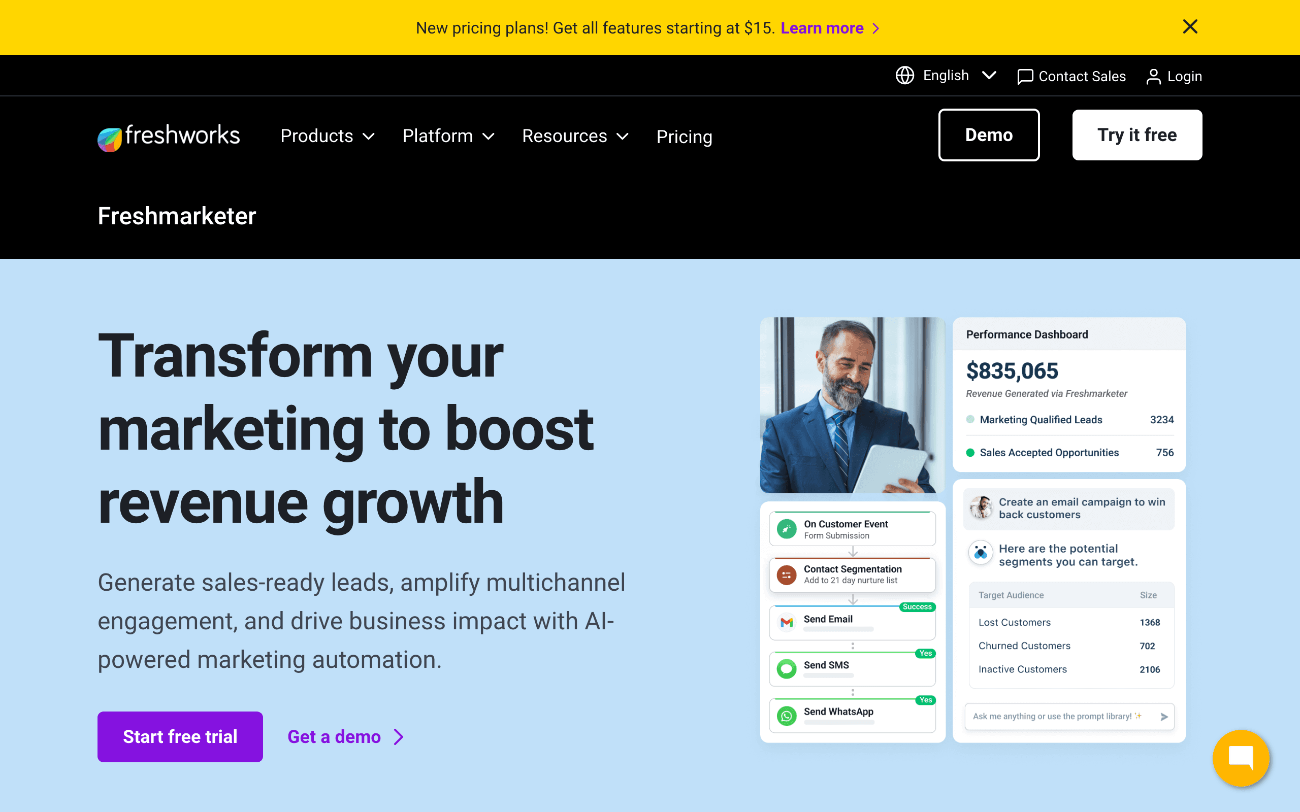 Freshmarketer landing page screenshot