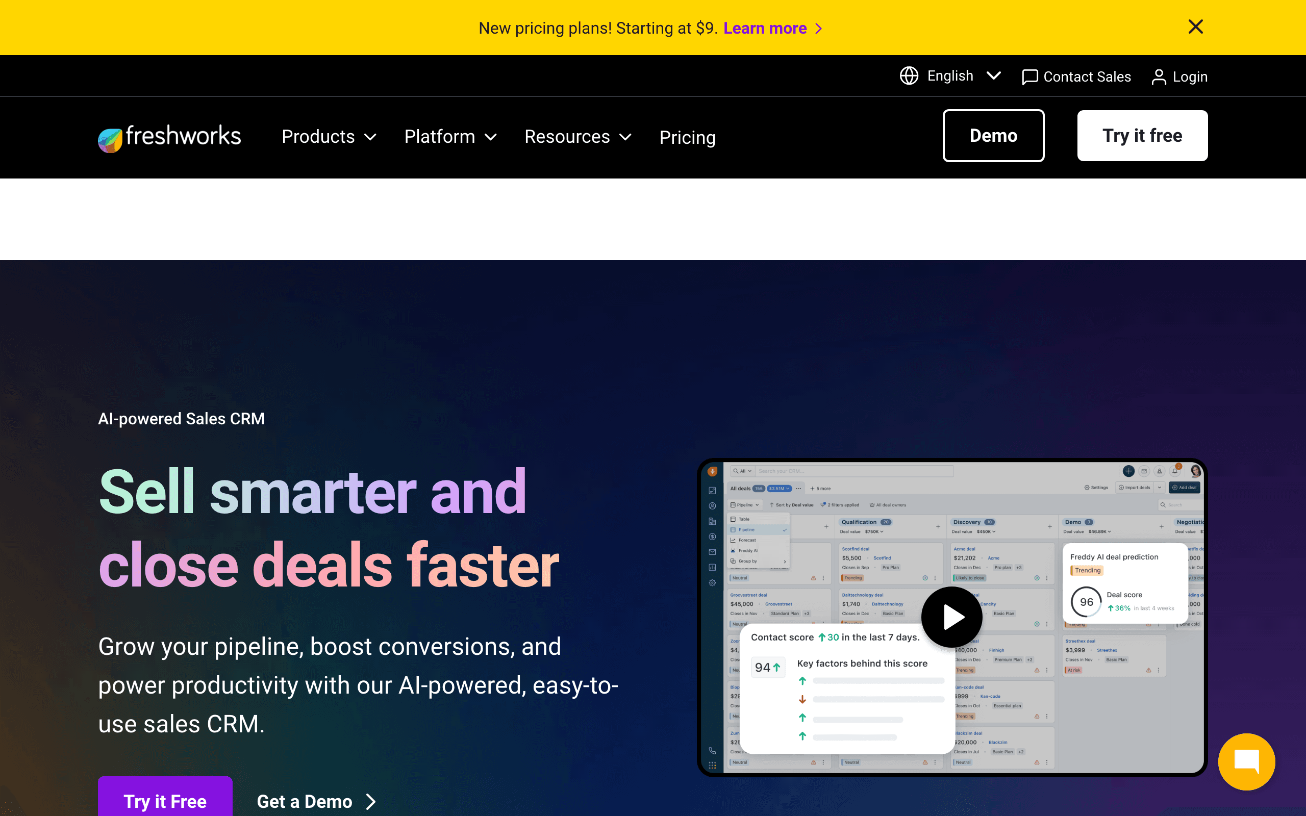 Freshsales landing page screenshot