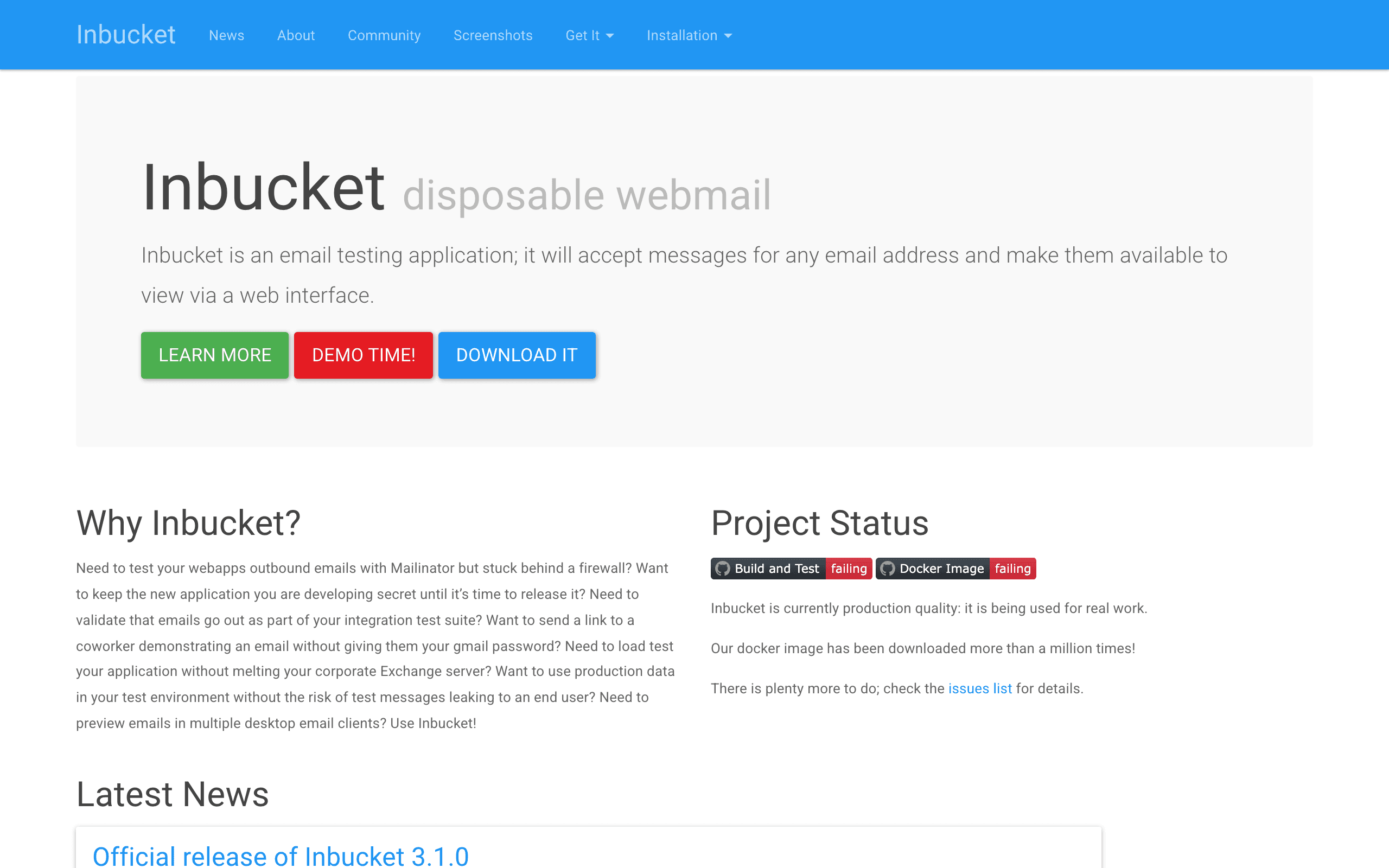 Inbucket landing page screenshot