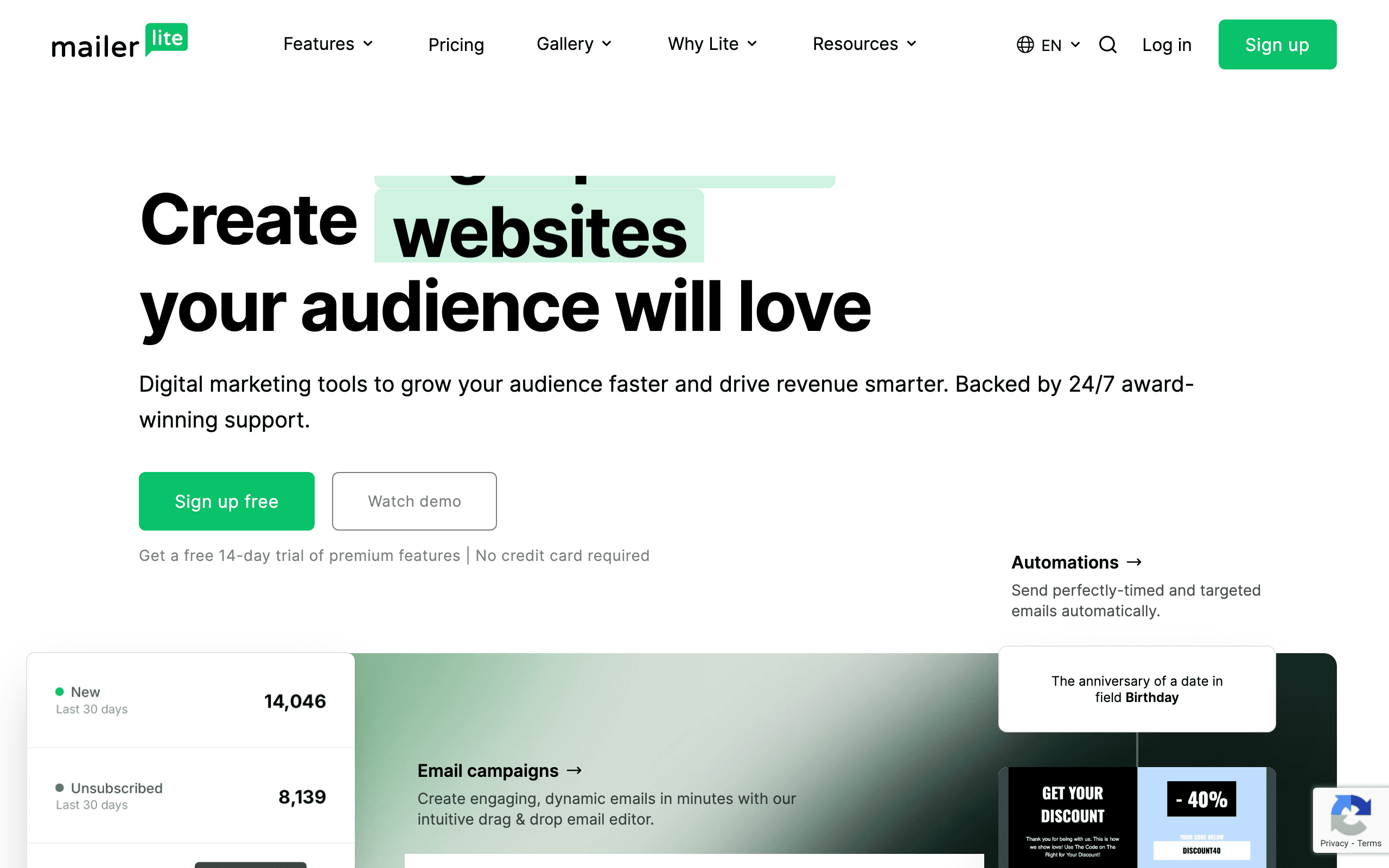MailerLite landing page screenshot