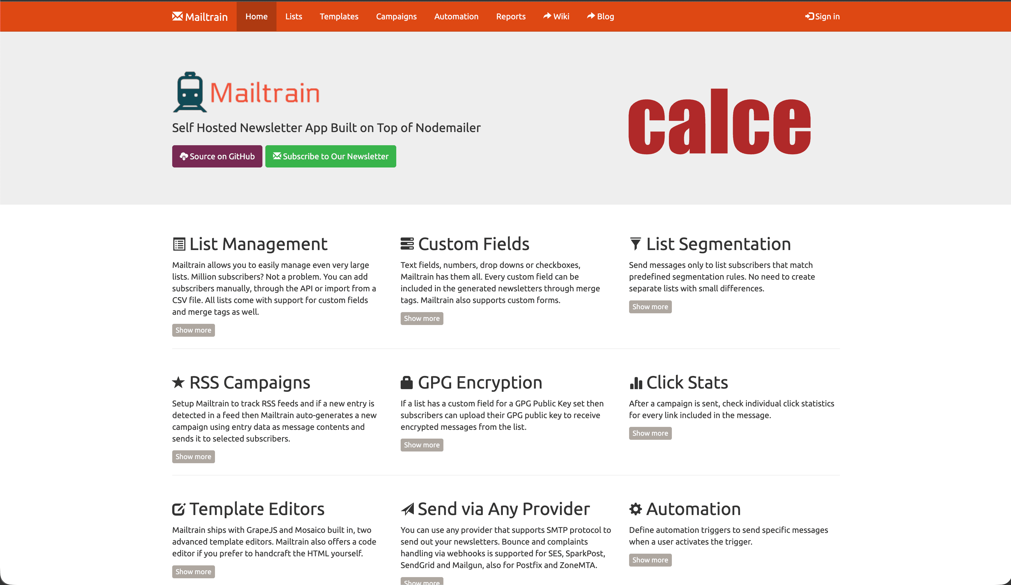 Mailtrain landing page screenshot