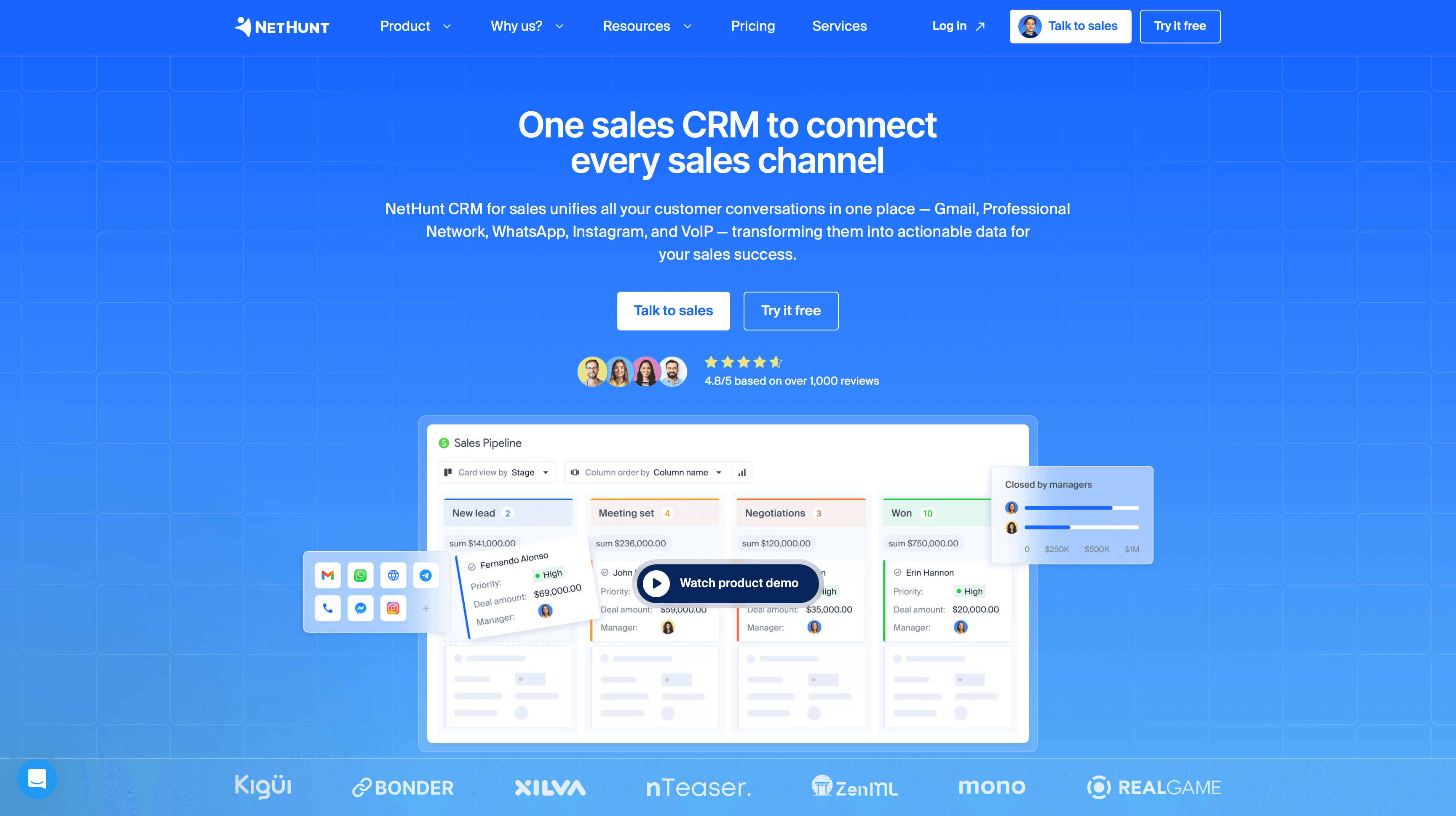 NetHunt CRM landing page screenshot