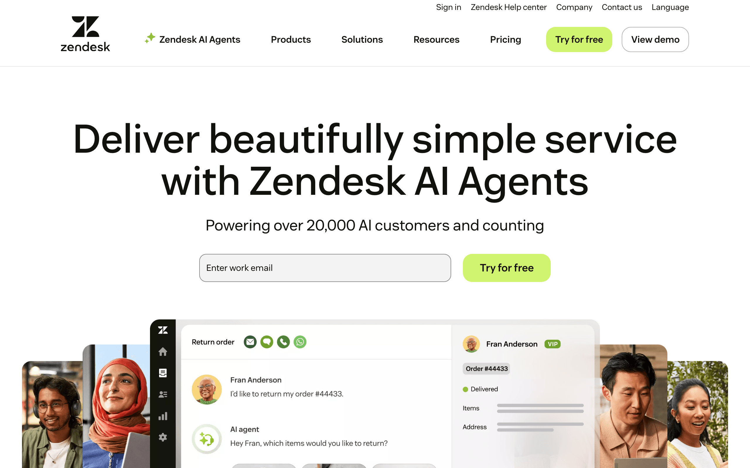 Zendesk landing page screenshot