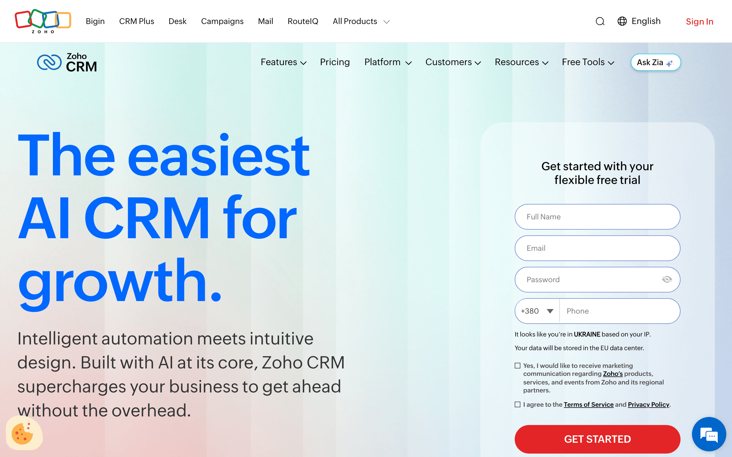 Zoho CRM landing page screenshot