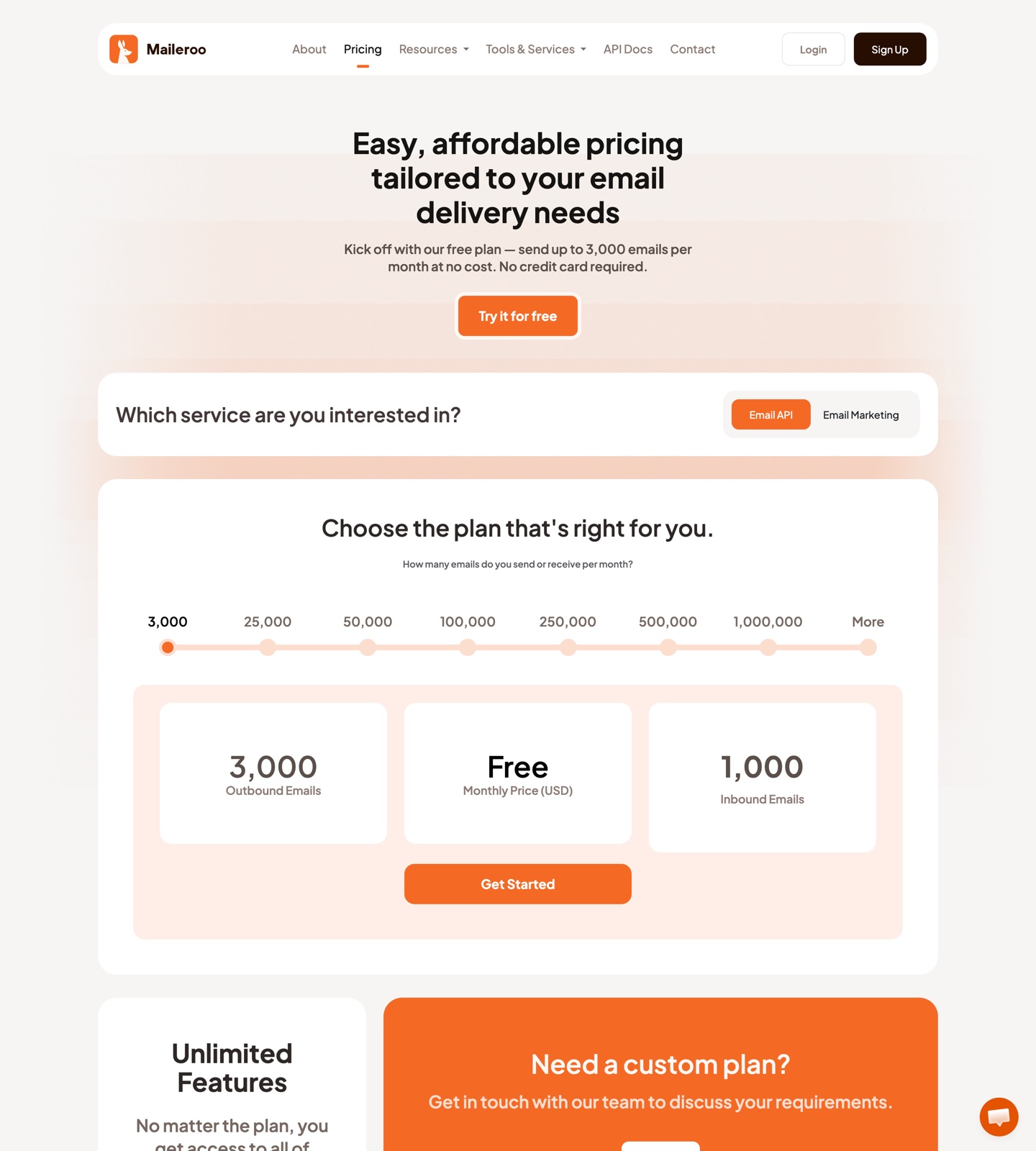 Maileroo pricing page